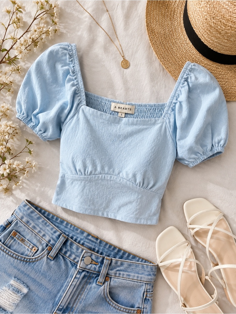La Hearts Pale Blue Puff-Sleeve Square Neck Crop Top